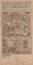 Hindu- und muslimische Gelehrte übersetzen das Mahabharata aus dem Sanskrit ins Persische, Illustration aus dem Razmnama, 1598-99