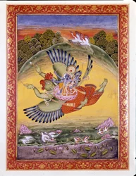 Hinduismus: Darstellung des Vogels Garuda, der Vishnu (oder Vishnu), eine große hinduistische Gottheit, und dessen Frau Lakshmi trägt