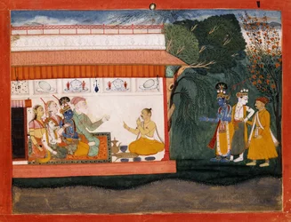 Illustration zum Bhagvata Purana, die Balarama zeigt, wie er Akrura an der Hand hält, mit seinem jüngeren Bruder Krishna, ca. 1700