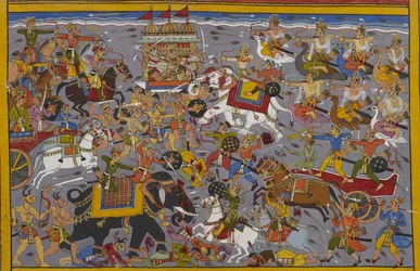 Indra kämpft gegen Ravana, der den Pushpaka-Wagen von seinem Elefanten Airavata aus reitet