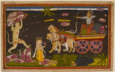Indrajit kämpft gegen Hanumān, der sich gefangen nehmen lässt, um Rāvaṇa zu treffen, im Vertrauen auf den Schutz der Götter. 1653 (Miniatur)