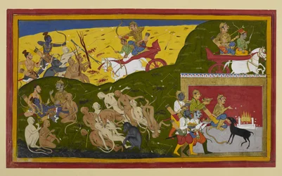 Indrajit kämpft, während Rama um Sitas Tod trauert, getröstet von Lakshmana und Vibhishana