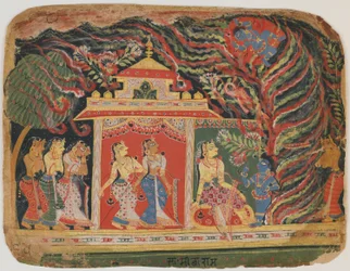 Krishna wird vom Wirbelwind-Dämon entführt, aus einem Bhagavata Purana, ca. 1520-30