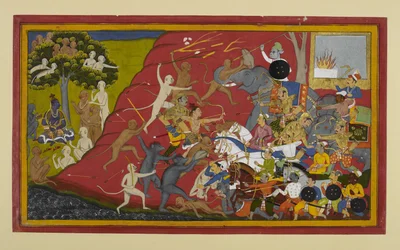 Lakshmana, Hanuman und Vibhishana greifen Indrajit an; Nachrichten erreichen Rama