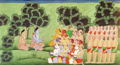 Lakshmana berät die Anführer der Affenarmeen, aus dem Ramayana