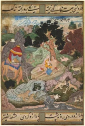 Layla und Majnun in der Wildnis mit Tieren, aus einem Khamsa (Quintett) von Amir Khusrau Dihlavi, ca. 1590-1600