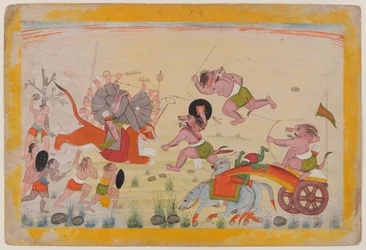 Mahasura greift die Devi an, Folio aus einer verstreuten Devi Mahatmya Serie, ca. 1770-80