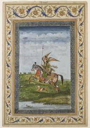 Miniatur, die eine Szene mit einer geflügelten Figur auf einem Pferd darstellt, wahrscheinlich Delhi-Schule, Mogul, indisch, frühes 19. Jahrhundert