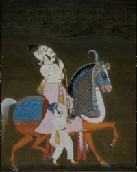 Adliger von Mewar reitet auf Mrigarao mit einem Begleiter zu Fuß, 1820
