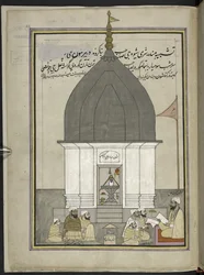 Priester und Gläubige am Shiva-Tempel, Srinagar, 86 Zeichnungen in einem Band, der Berufe und Tätigkeiten in Kaschmir darstellt, Handwerker bei der Arbeit mit ihren Werkzeugen und Ausrüstungen, von einem Kaschmir-Künstler, wahrscheinlich in Srinagar, ca. 1
