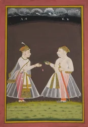 Wahrscheinlich ein Porträt von Rana Raj Singh von Udaipur (1661-81), der einem Adligen Pan anbietet, 1820