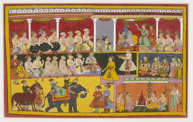 Rama hört Lava und Kusha das Ramayana singen, mit Affen und Vibhishana