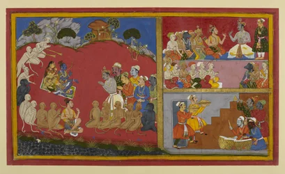 Rāma nimmt Huldigungen entgegen, wartet aber auf die Rückkehr nach Ayodhyā; Vibhīṣaṇa hält einen Durbar für die Anführer der Affen und Bären ab