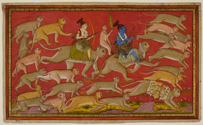 Rama organisiert seine Armee aus Affen und Bären, mit Hanuman als Reittier und Lakshmana reitet auf Angada