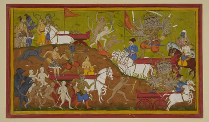 Rama erhält Indras Streitwagen und Rüstung, kämpft heftig gegen Ravana und zwingt ihn zum Rückzug