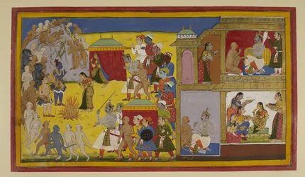 Rama weist Sita zurück; sie bittet, ihre Keuschheit durch Feuer zu beweisen