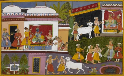 Rama erzählt Lakshmana die Geschichte von König Nriga und den beiden Brahmanen bei seiner Rückkehr