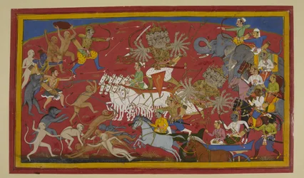 Rāvaṇa kämpft heftig, fällt aber im Kampf mit Lakṣmaṇa und Verbündeten