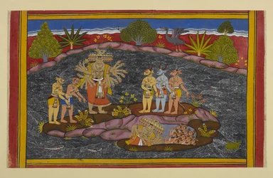 Rāvaṇa sucht den Puruṣa, betritt eine Höhle und findet Tausende erhabener Wesen