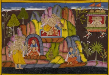 Ravana ergreift Vedavati, die ihn verflucht und schwört, seinen Untergang als Sita zu verursachen