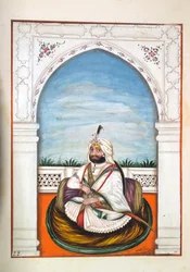 Sirdir Ajit Singh, aus Das Königreich Punjab, seine Herrscher und Häuptlinge, Band I, ein Band mit 27 Aquarellstudien eines unbekannten indischen Künstlers, ca. 1840