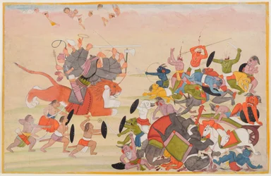 Die Devi besiegt Mahishasura, Folio aus einer verstreuten Devi Mahatmya Serie, ca. 1770-80
