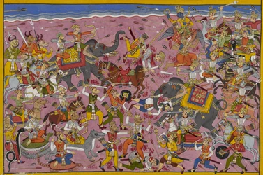 Vishnu kämpft gegen die Dämonen; Mali fällt, durchbohrt von einer Lanze
