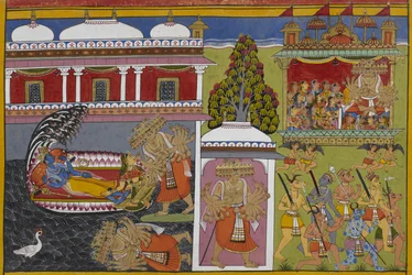 Vishnu ruht mit Lakshmi, als Ravana fällt und dann Frauen in seinem Wagen entführt