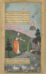 Indra und Surya sehen Rksaraja, der in eine schöne Frau verwandelt wurde, und zeugen Vali und Sugriva