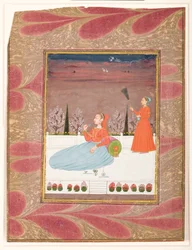 Frau sitzt auf einer Terrasse mit einer Dienerin mit einem Chauri, ca. 1735