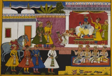 Shatrughna besucht Rama, der ihm erlaubt, wegen seiner Pflichten eine Woche zu bleiben