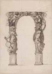 Entwurf für einen temporären Bogen, verziert mit Putti und allegorischen Figuren von Musik und Krieg