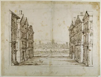 Englische Häuser mit London und der Themse in der Ferne