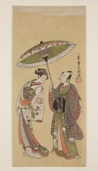 Schauspieler Ichikawa Yaozō II als Soga no Jūrō und Segawa Kikunojō II als Ōiso no Tora