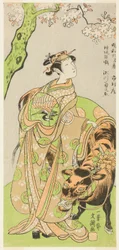 Der Schauspieler Segawa Kikunojo II als Kurtisane Maizuru im Stück Furisode Kisaragi Soga, aufgeführt im Ichimura Theater ab dem zwanzigsten Tag des zweiten Monats, 1772