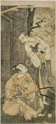 Die Schauspieler Nakamura Utaemon I als Seigen (rechts) und Ichikawa Komazo II als Shimizu Tonoinosuke Kiyoharu (links) im Stück Soga Moyo Aigo no Wakamatsu, aufgeführt im Nakamura-Theater im dritten Monat, 1769
