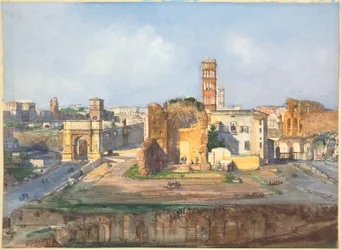Der Titusbogen und der Tempel der Venus und Rom in der Nähe des Römischen Forums
