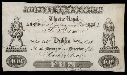 Werbung für eine Pantomime im Theatre Royal, Dublin, basierend auf einem Bank of Ireland-Banknote