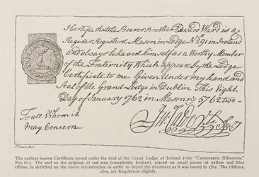 Faksimile des frühesten bekannten Zertifikats, ausgestellt unter dem Siegel der Großloge von Irland, datiert 1762