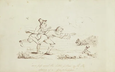 Über Pop ging der kleine Kerl mit dem Sprung eines Grashüpfers, Buchillustration zeigt zwei Iren, die einen Leprechaun jagen, 19. Jahrhundert (Feder und Tinte auf Papier)