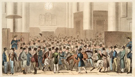 Bullen und Bären in großer Hektik, oder Billy Wrights Pony wird Mitglied der Börse, aus The English Spy, veröffentlicht 1824