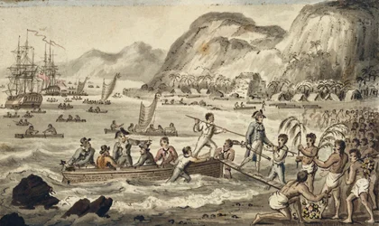 Captain Cook landet in Owyhee, Illustration aus "Die Reisen von Captain Cook"