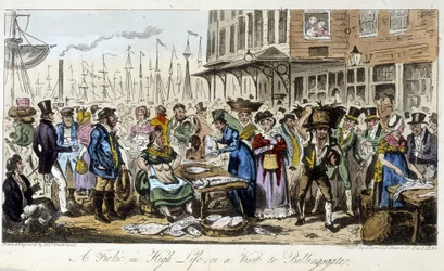 Fischmarkt in London - in „The English Spy“ von Charles Molloy Westmacott, Zeichnung von Robert Cruikshank, Londoner Ausgabe