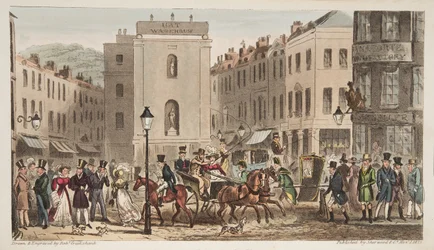 Milsom Street & Bond Street mit Porträts von Bath Swells, aus The English Spy, veröffentlicht London, 1824