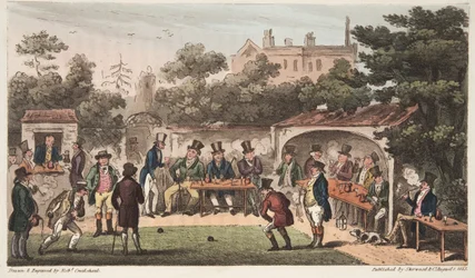 Die Bowlingbahn, Worcester, oder Charaktere des Hand and Glove Club, aus The English Spy, veröffentlicht London, 1824