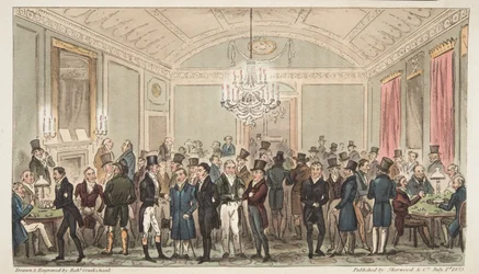 Der große Abonnementsraum bei Brookes, aus The English Spy, veröffentlicht 1824