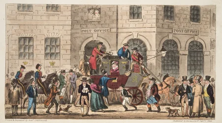 Das Postamt Bristol, Ankunft der Londoner Post, aus The English Spy, veröffentlicht London, 1824
