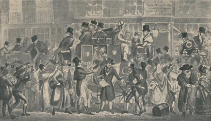 Vor dem White Horse Cellar, Piccadilly, 1821, 1920. Künstler: Isaac Robert Cruikshank, George Cruikshank