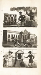 Die Feuerlöschmaschine, Waren auf einem Wagen ziehend, East India House und London Stone