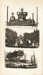 Das Juwelenbüro im Tower of London, Rag Fair und alte Kleidung und Schiffbau
